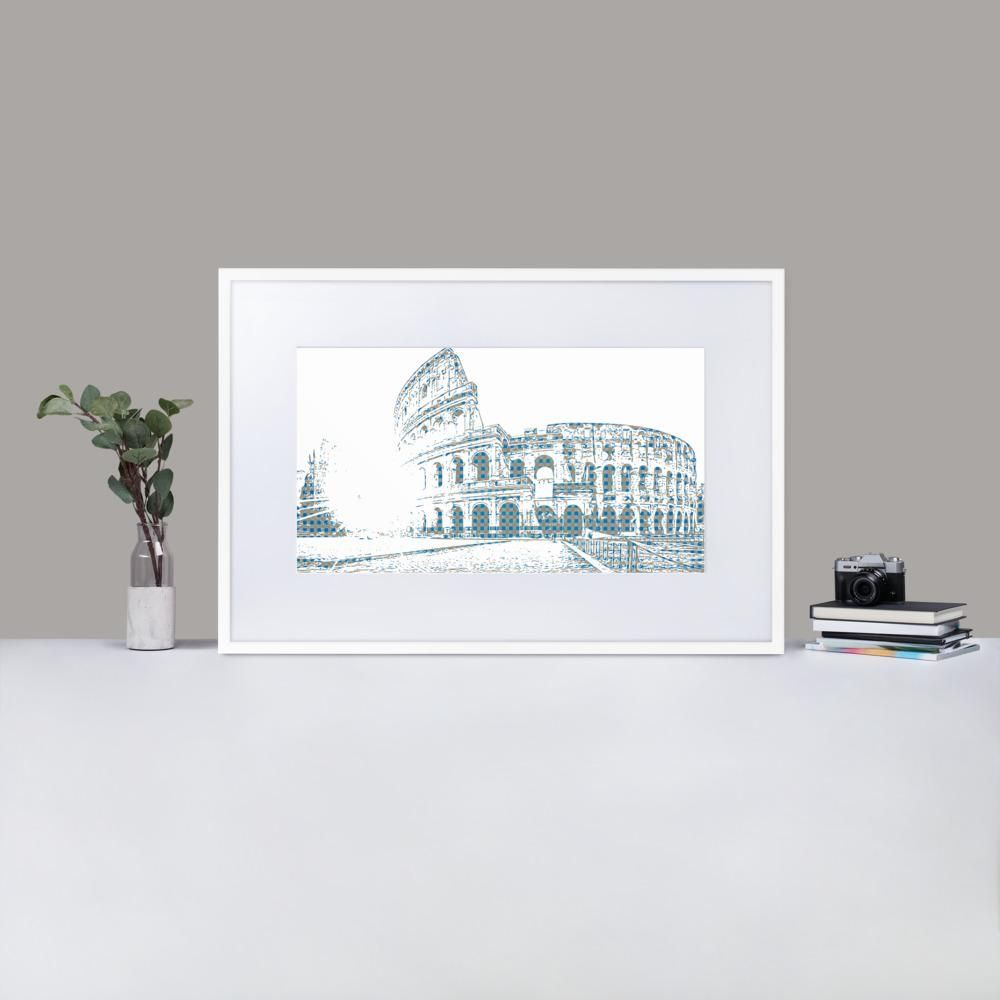 The Colosseum-Rome - Framed Print with Mat - Gingham Blue - GeorgeKenny Design